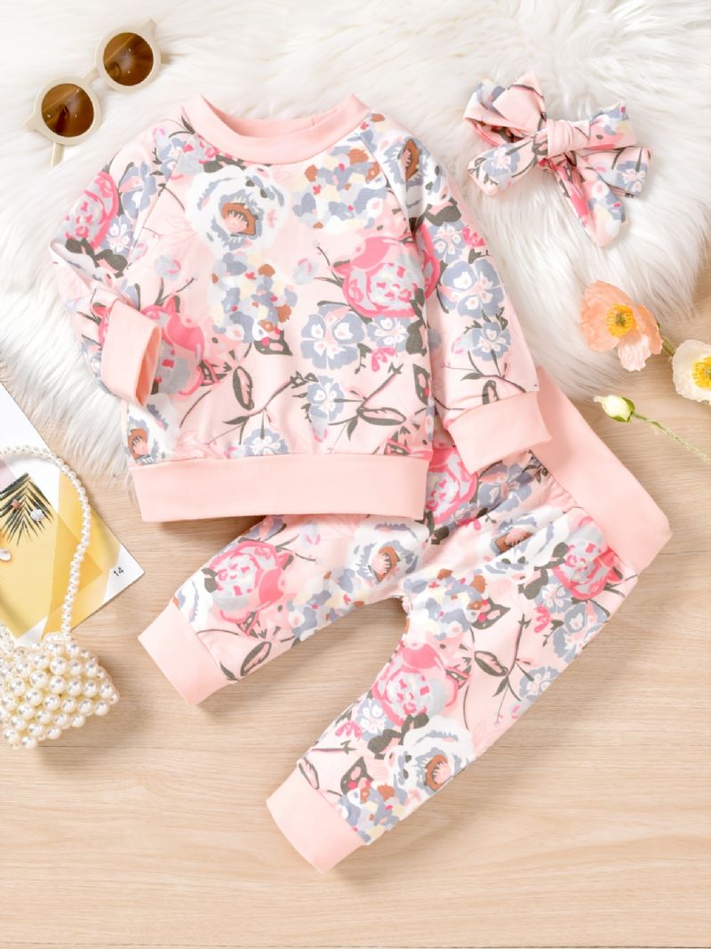 Bebis Flickor Pullover Sweatshirt & Matchande Byxor & Pannband Set Vint Blommönster