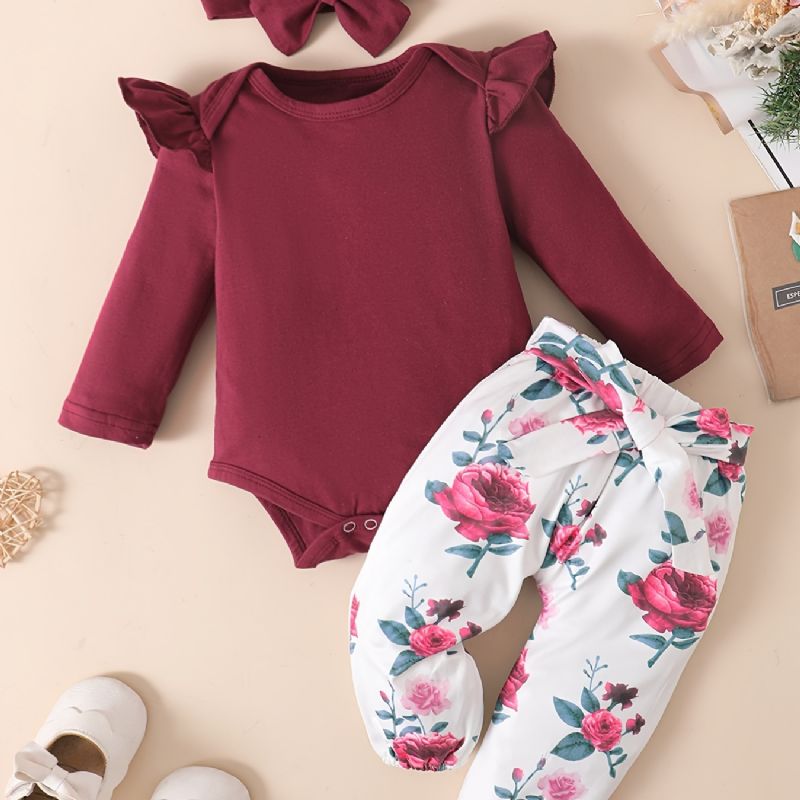 Bebis Flickor Romper & Blommönster Byxor & Pannband Set Outfit Body Onesie Kläder