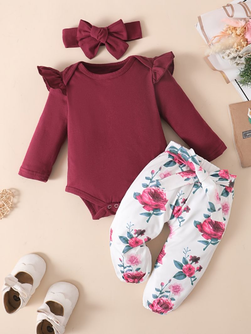 Bebis Flickor Romper & Blommönster Byxor & Pannband Set Outfit Body Onesie Kläder