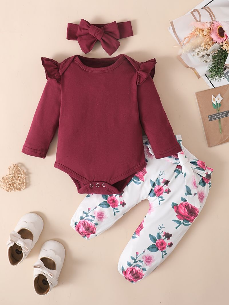 Bebis Flickor Romper & Blommönster Byxor & Pannband Set Outfit Body Onesie Kläder