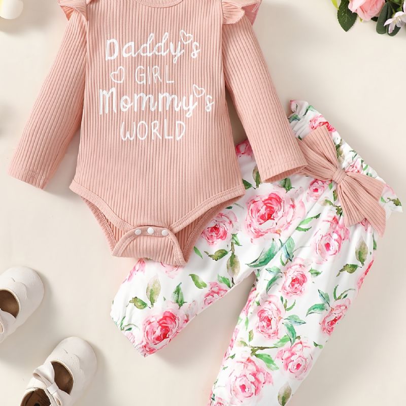 Bebis Flickor Romper Set Med Rufsigt Brevtryck Onesie & Blommiga Byxor Med Rosett