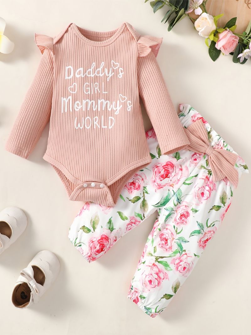 Bebis Flickor Romper Set Med Rufsigt Brevtryck Onesie & Blommiga Byxor Med Rosett