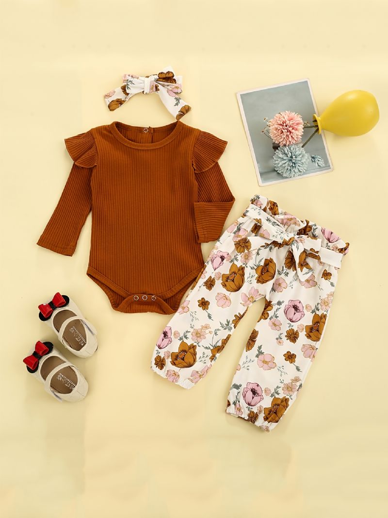 Bebis Flickor Söt Romper Set Med Stickad Volang Onesie & Blommiga Byxor & Rosett Pannband