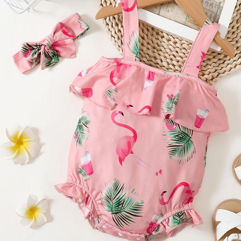 Bebis Flickor Suspender Romper & Pannband Set Med Flamingo Print Bebiskläder