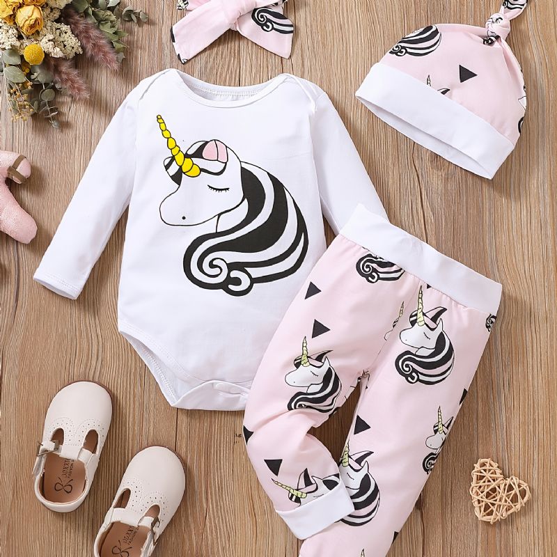 Bebis Flickor Tecknad Unicorn Solid Rund Neck Långärmad Body Casual Byxor & Hatt & Pannband Set