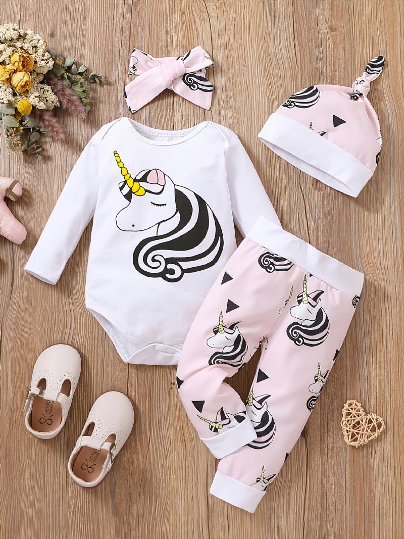 Bebis Flickor Tecknad Unicorn Solid Rund Neck Långärmad Body Casual Byxor & Hatt & Pannband Set