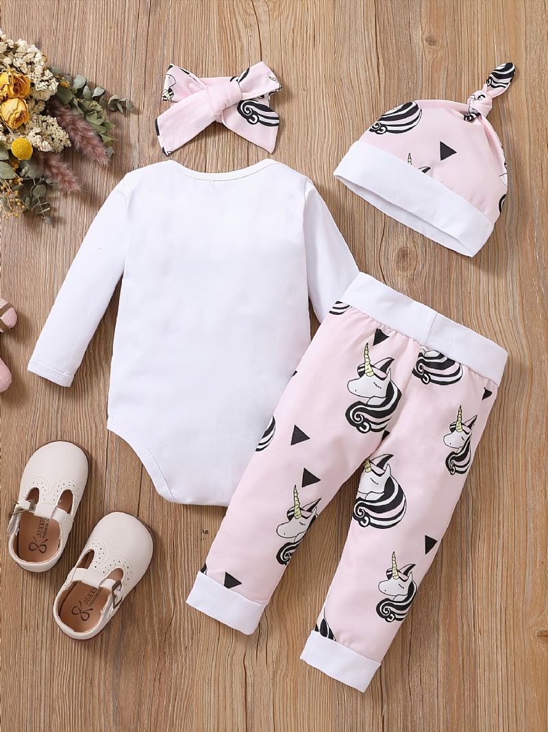 Bebis Flickor Tecknad Unicorn Solid Rund Neck Långärmad Body Casual Byxor & Hatt & Pannband Set