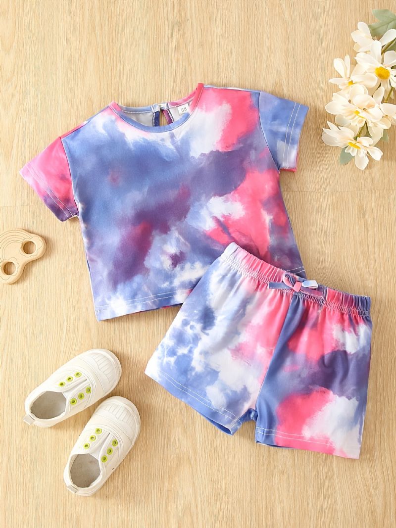 Bebis Flickor Tie Dye Print T-shirt & Rosett Stretchiga Midja Shorts Set