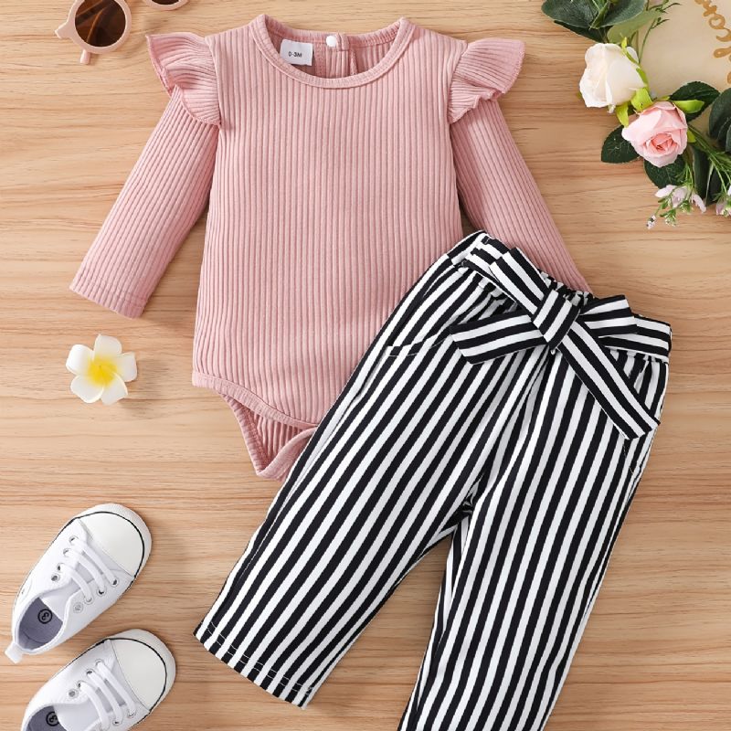 Bebis Flickor Volang Långärmad Romper Bodysuit + Randiga Byxor Set Bebiskläder Outfit Layette Set