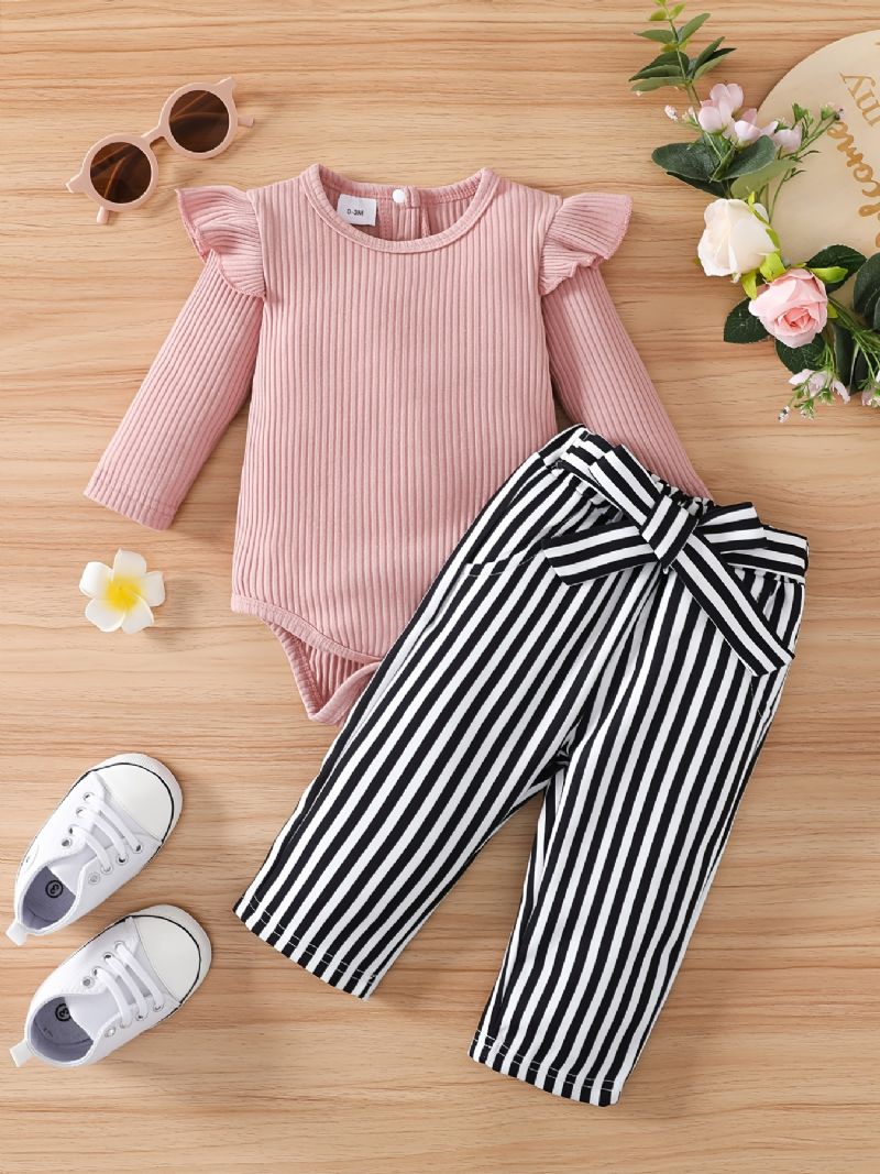 Bebis Flickor Volang Långärmad Romper Bodysuit + Randiga Byxor Set Bebiskläder Outfit Layette Set