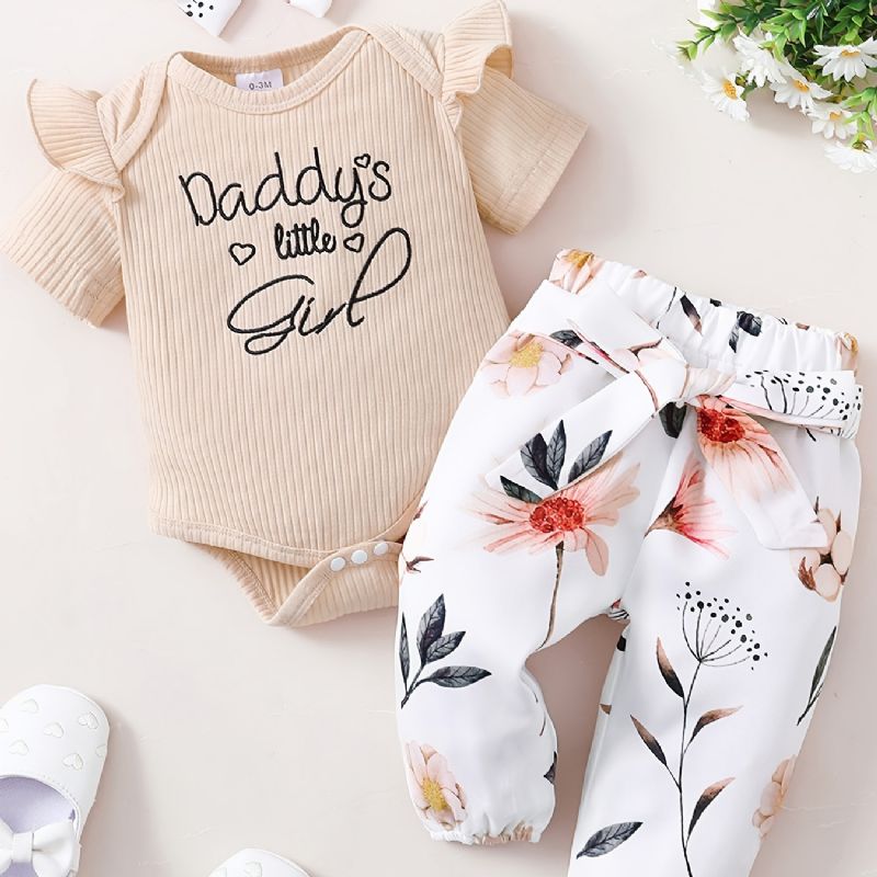 Bebis Flickor Volanger Kortärmad Tröja + Blommiga Byxor Set Bodysuit Onesie Bebiskläder