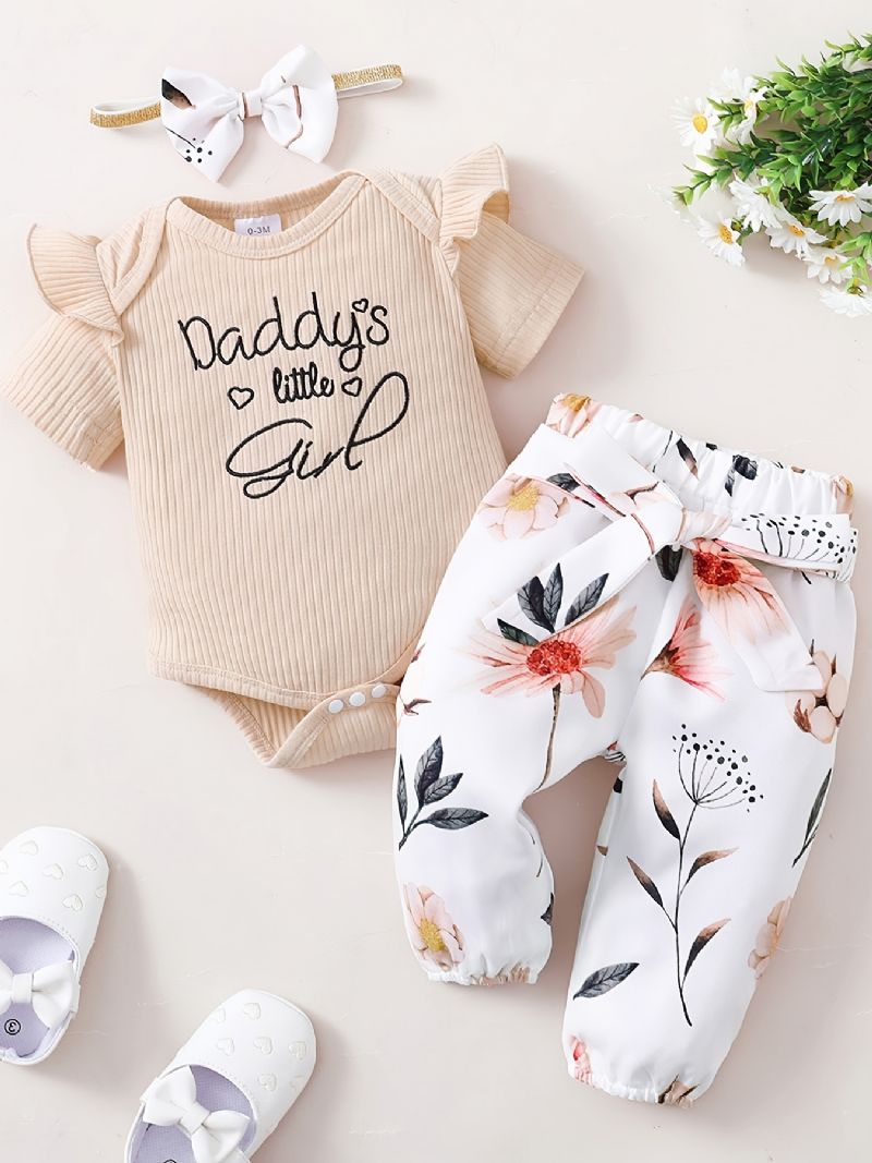 Bebis Flickor Volanger Kortärmad Tröja + Blommiga Byxor Set Bodysuit Onesie Bebiskläder