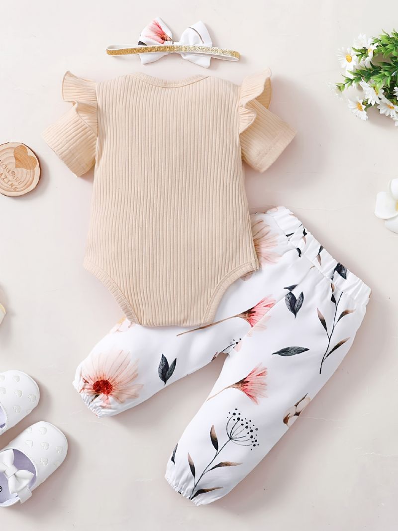 Bebis Flickor Volanger Kortärmad Tröja + Blommiga Byxor Set Bodysuit Onesie Bebiskläder