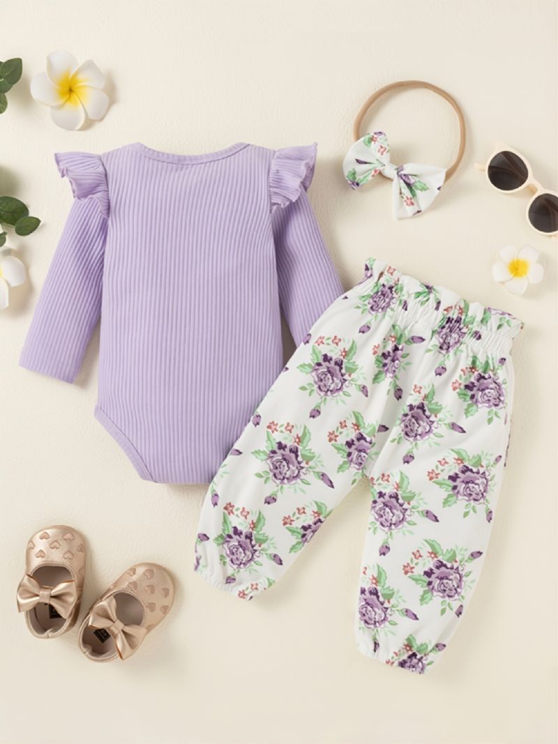 Bebis Outfits Ruffle Romper + Blommiga Byxor + Pannband Set Nyfödda Spädbarn Flickor Kläder