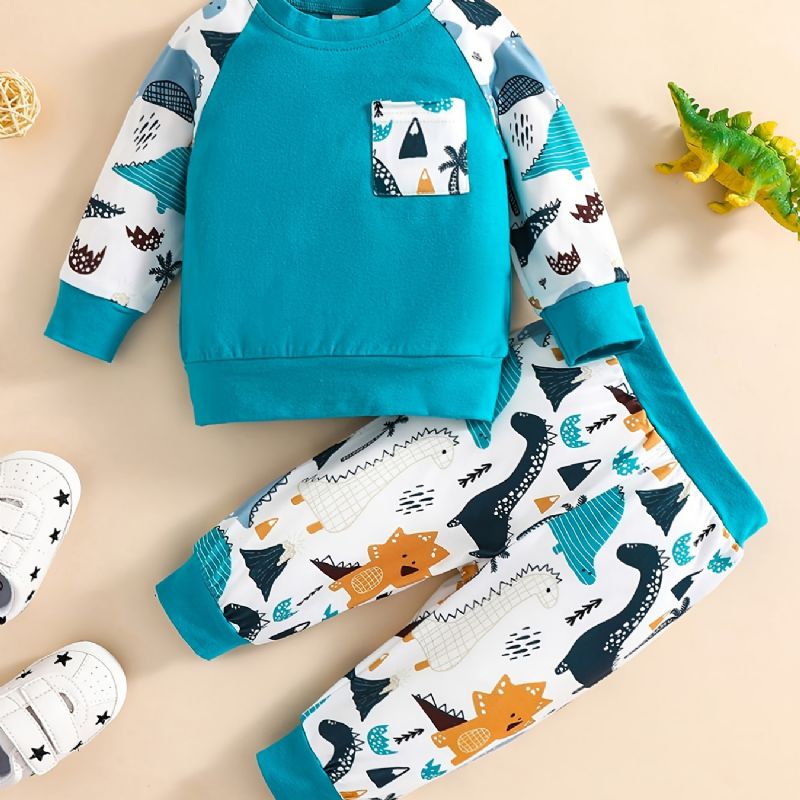 Bebis Pojkar Animal Cartoon Print Långärmad Rundhals Sweatshirt & Byx Set