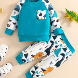 Bebis Pojkar Animal Cartoon Print Långärmad Rundhals Sweatshirt & Byx Set