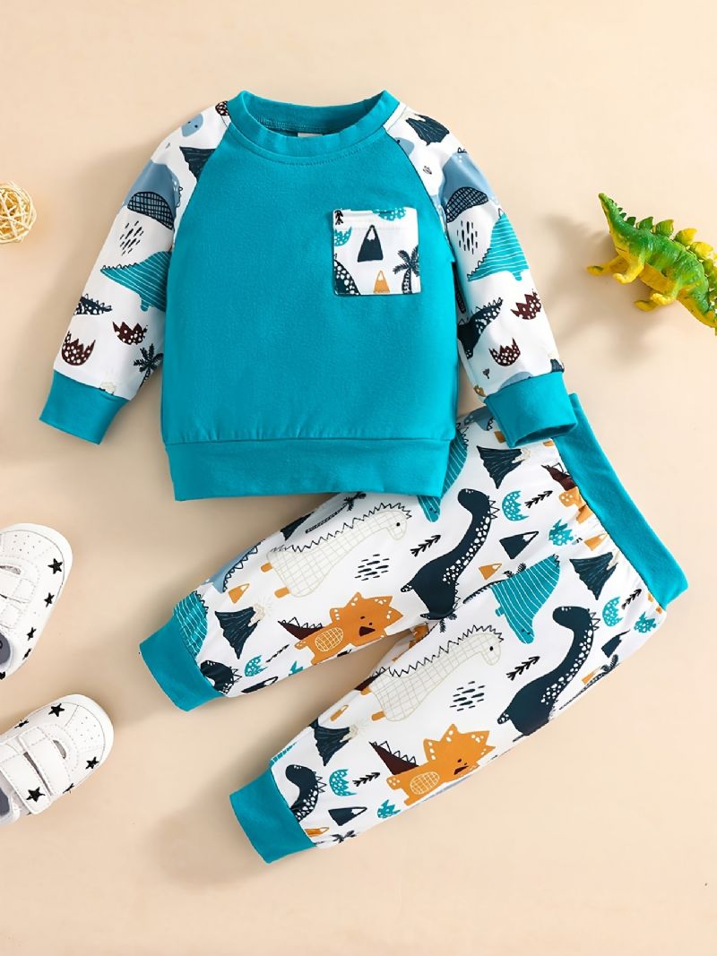 Bebis Pojkar Animal Cartoon Print Långärmad Rundhals Sweatshirt & Byx Set