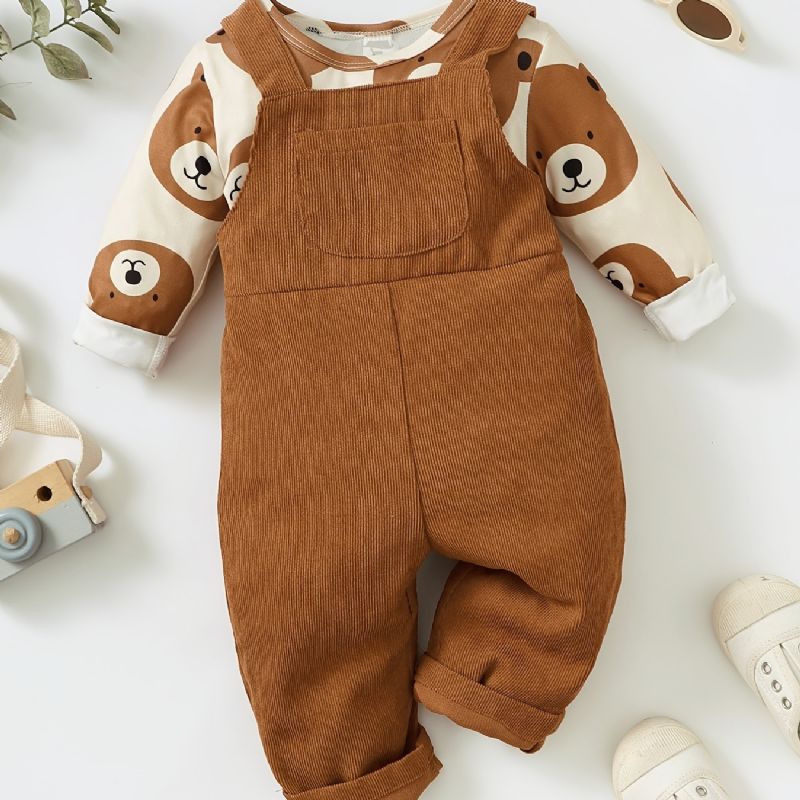 Bebis Pojkar Bear Print Långärmad & Overall Set För Höst Och Vinter Nytt