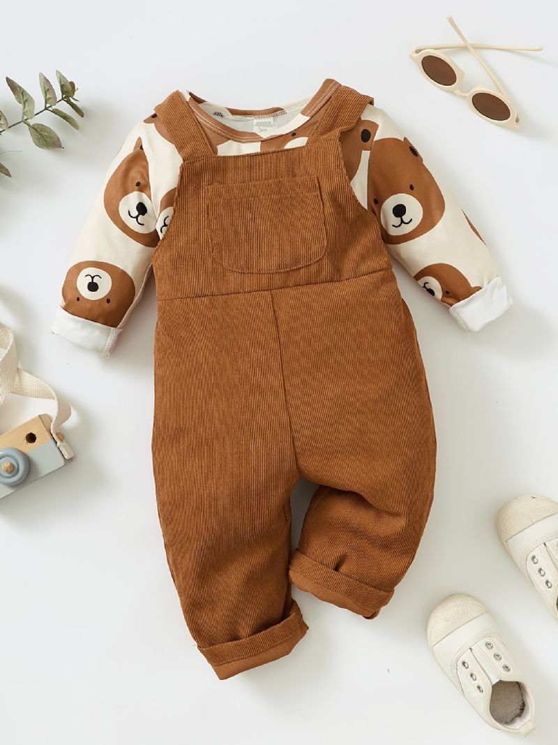 Bebis Pojkar Bear Print Långärmad & Overall Set För Höst Och Vinter Nytt