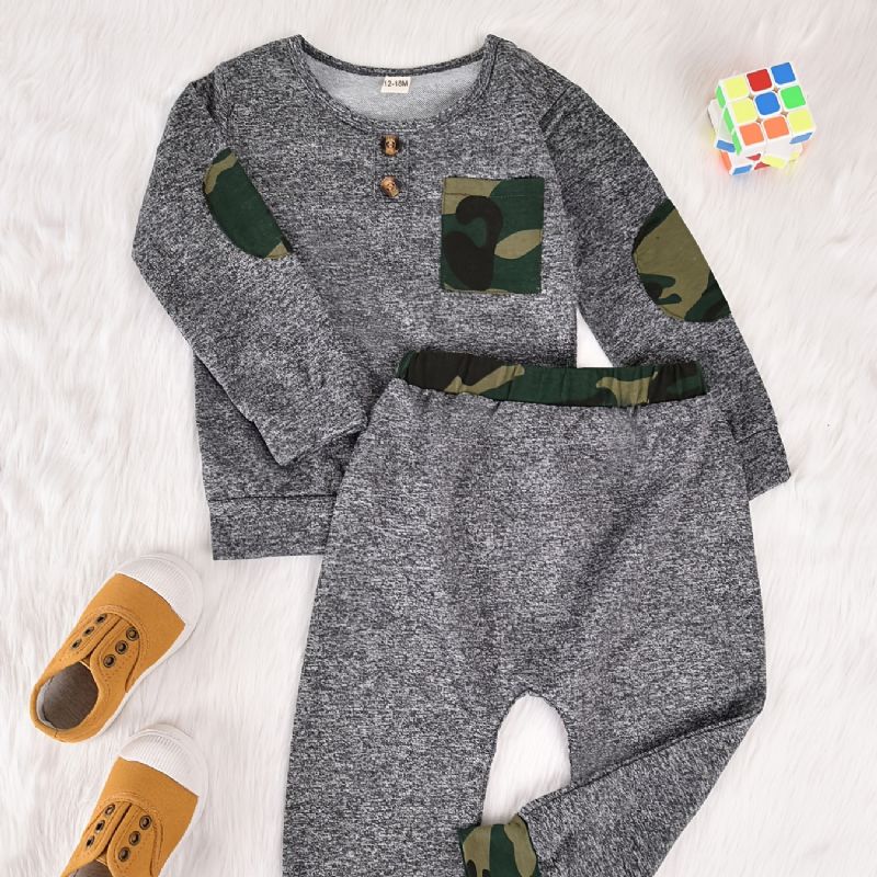 Bebis Pojkar Camouflage Patchwork Pullover Crew Neck Långärmad Sweatshirt & Byx Set Småbarnskläder