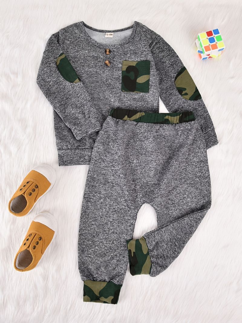 Bebis Pojkar Camouflage Patchwork Pullover Crew Neck Långärmad Sweatshirt & Byx Set Småbarnskläder