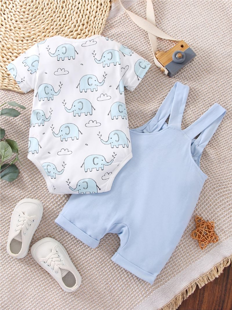 Bebis Pojkar Casual Cartoon Elephant Print Romper & Solid Bib Byx Set