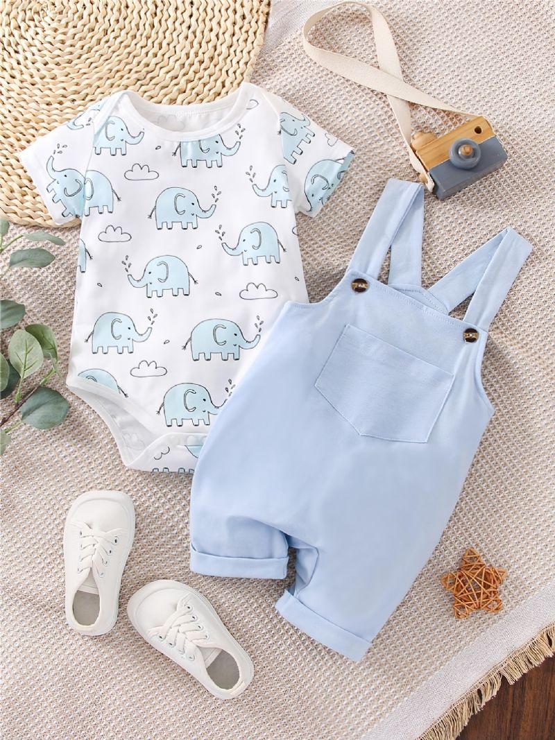 Bebis Pojkar Casual Cartoon Elephant Print Romper & Solid Bib Byx Set