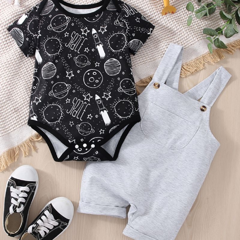 Bebis Pojkar Casual Planet Space Print Romper & Solid Bib Shorts Set