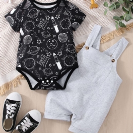 Bebis Pojkar Casual Planet Space Print Romper & Solid Bib Shorts Set