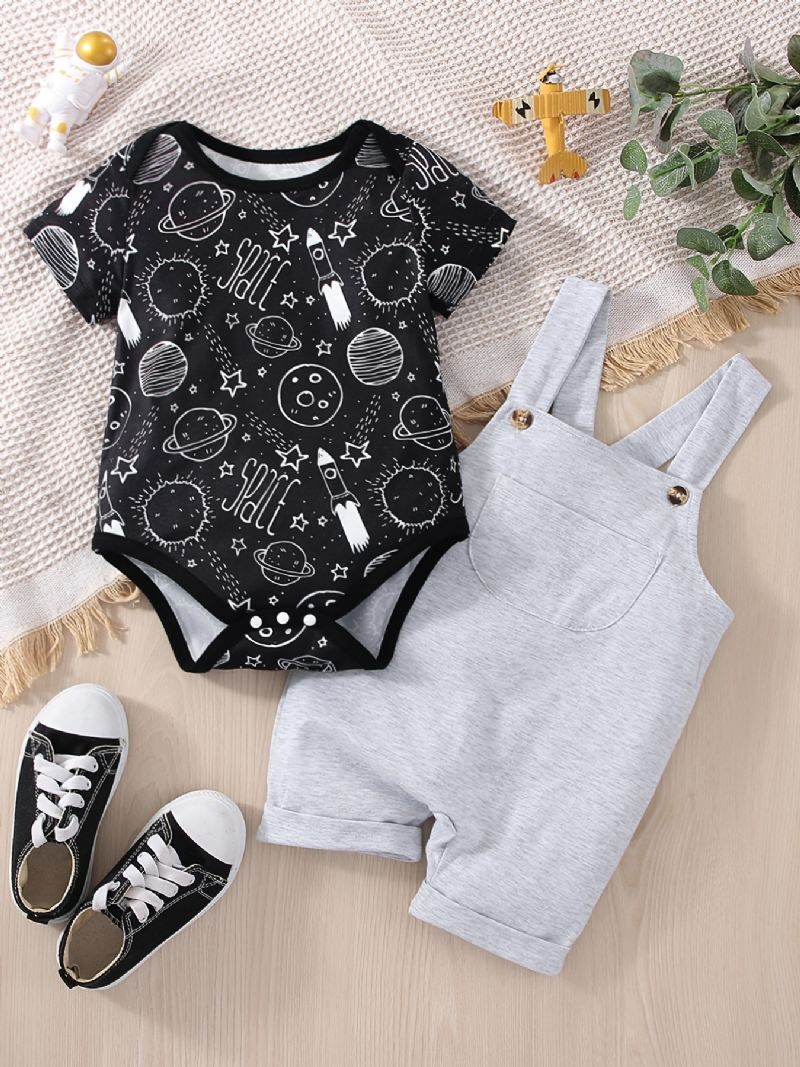 Bebis Pojkar Casual Planet Space Print Romper & Solid Bib Shorts Set