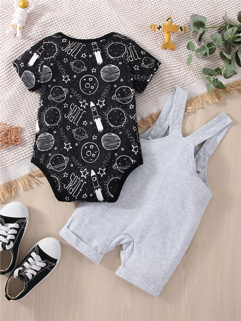 Bebis Pojkar Casual Planet Space Print Romper & Solid Bib Shorts Set