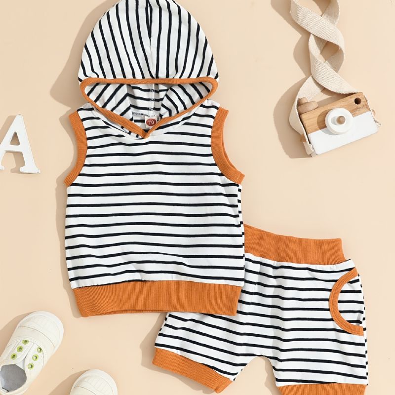 Bebis Pojkar Casual Randig Ärmlös Huvväst & Shorts Set