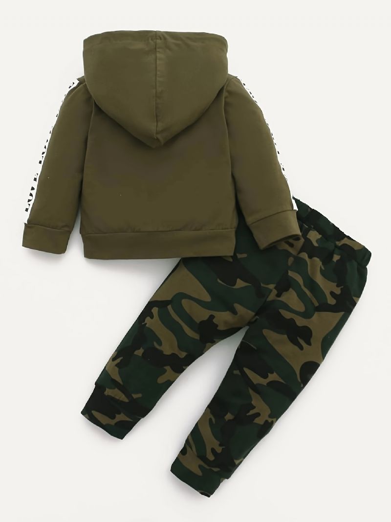 Bebis Pojkar Casual Set Med Love Print Hood Sweatshirt & Kamouflage Byxor