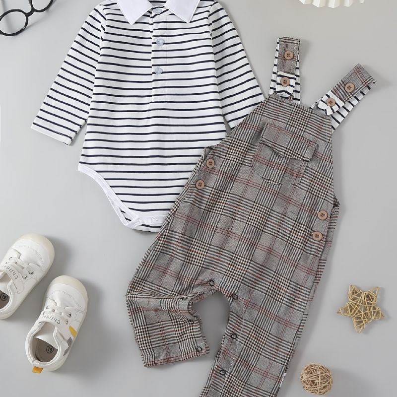 Bebis Pojkar Casual Söt Randig Lapel Romper & Pläd Hängselbyxor Set