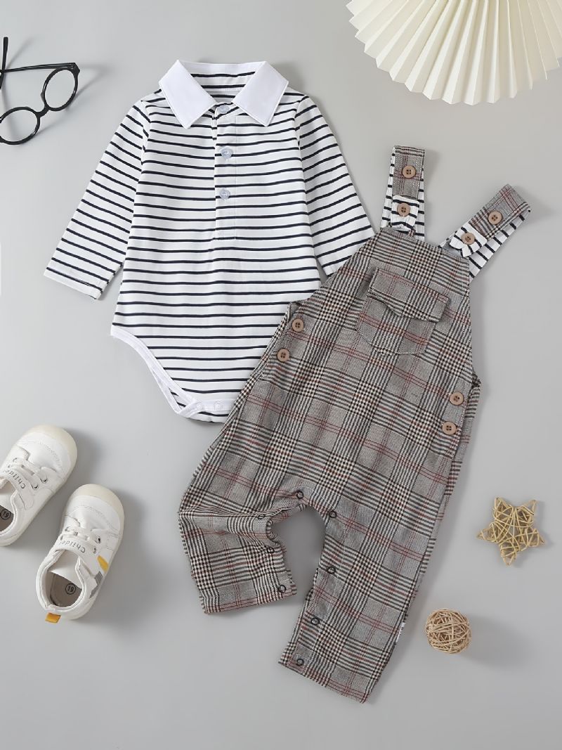 Bebis Pojkar Casual Söt Randig Lapel Romper & Pläd Hängselbyxor Set