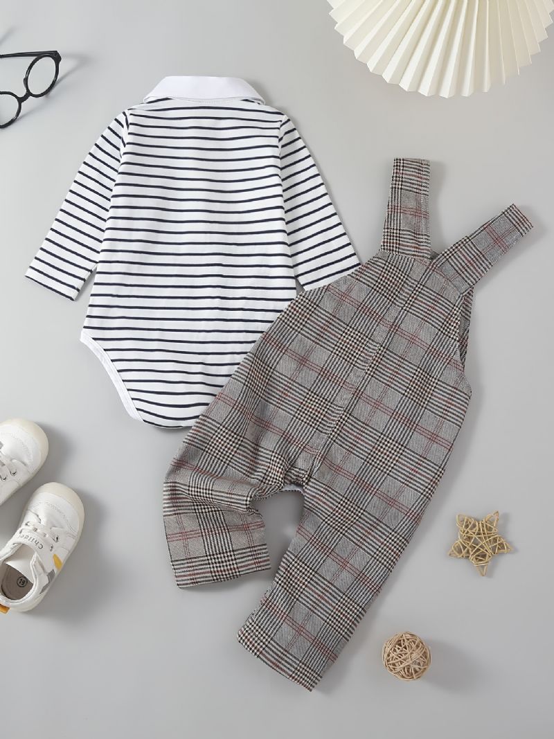 Bebis Pojkar Casual Söt Randig Lapel Romper & Pläd Hängselbyxor Set