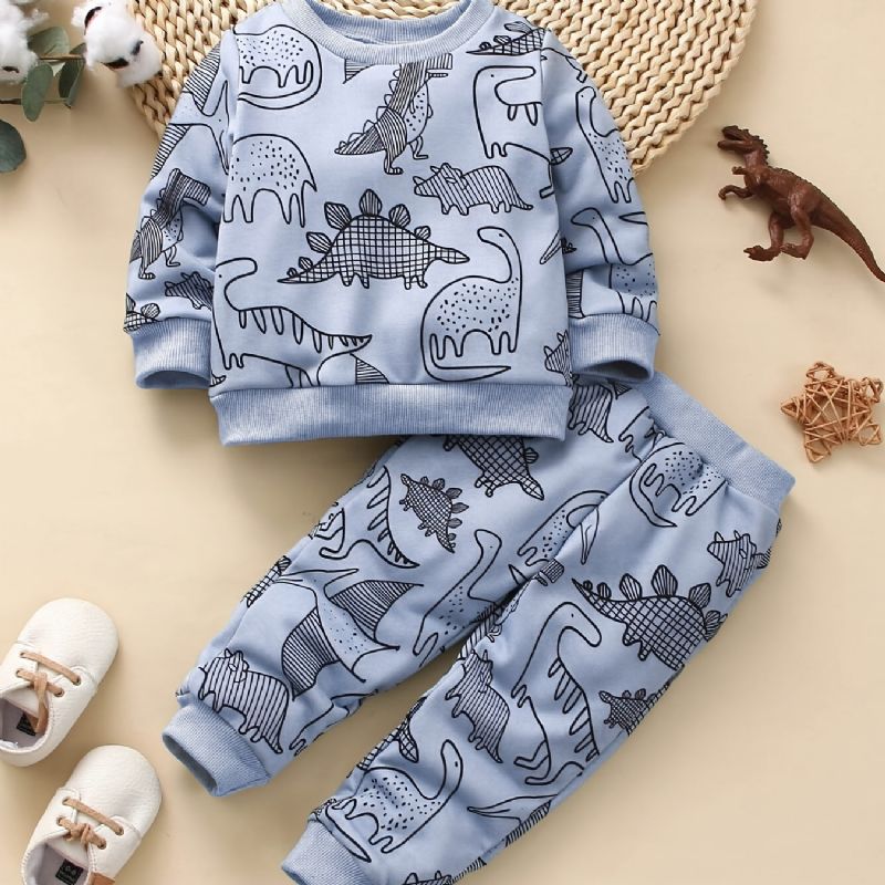 Bebis Pojkar Casual Söt Set Med Tecknad Dinosaur Print Pullover Sweatshirt & Sweatpants