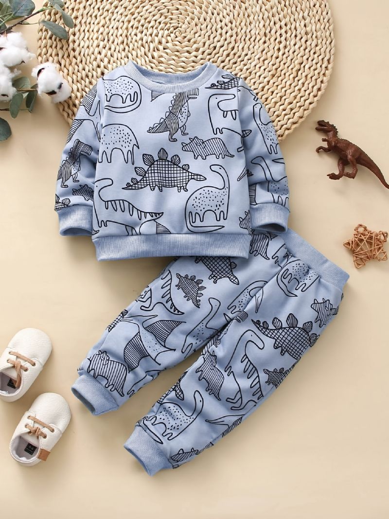 Bebis Pojkar Casual Söt Set Med Tecknad Dinosaur Print Pullover Sweatshirt & Sweatpants