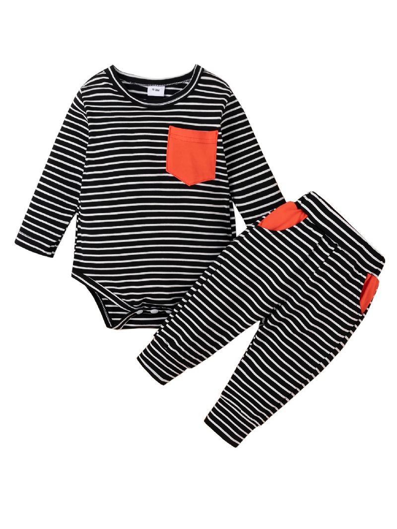 Bebis Pojkar Casual Stripped Romper & Byxor Med Röda Fickor Set