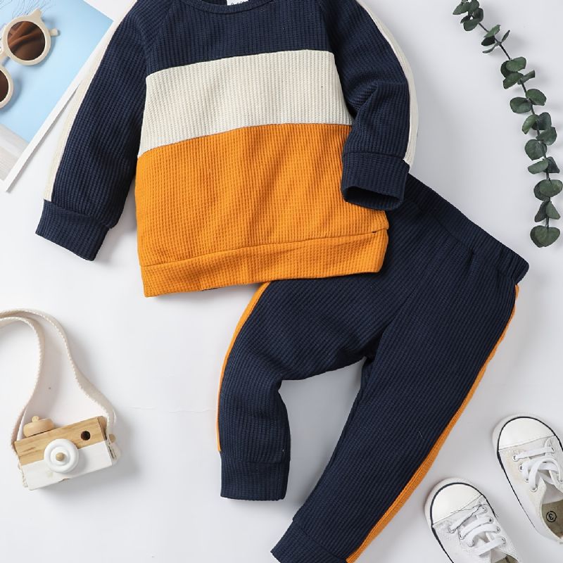 Bebis Pojkar Colorblock Sweatshirt + Matchande Träningsbyxor Set Bebiskläder För Vintern