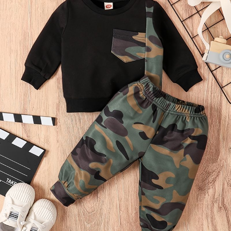 Bebis Pojkar Crew Neck Camouflage Långärmad Patchwork Set