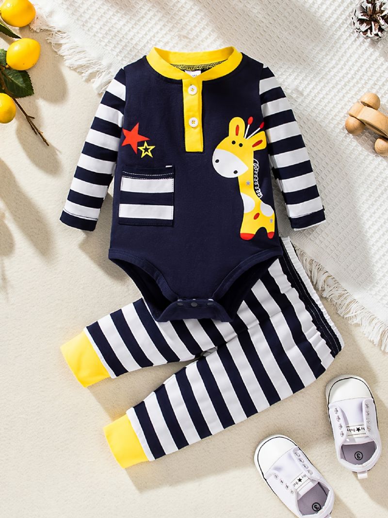 Bebis Pojkar Flickor Långärmad Rådjursmönster Romper + Randiga Byxor Set Nyfödda Spädbarn Bebiskläder Layette Set