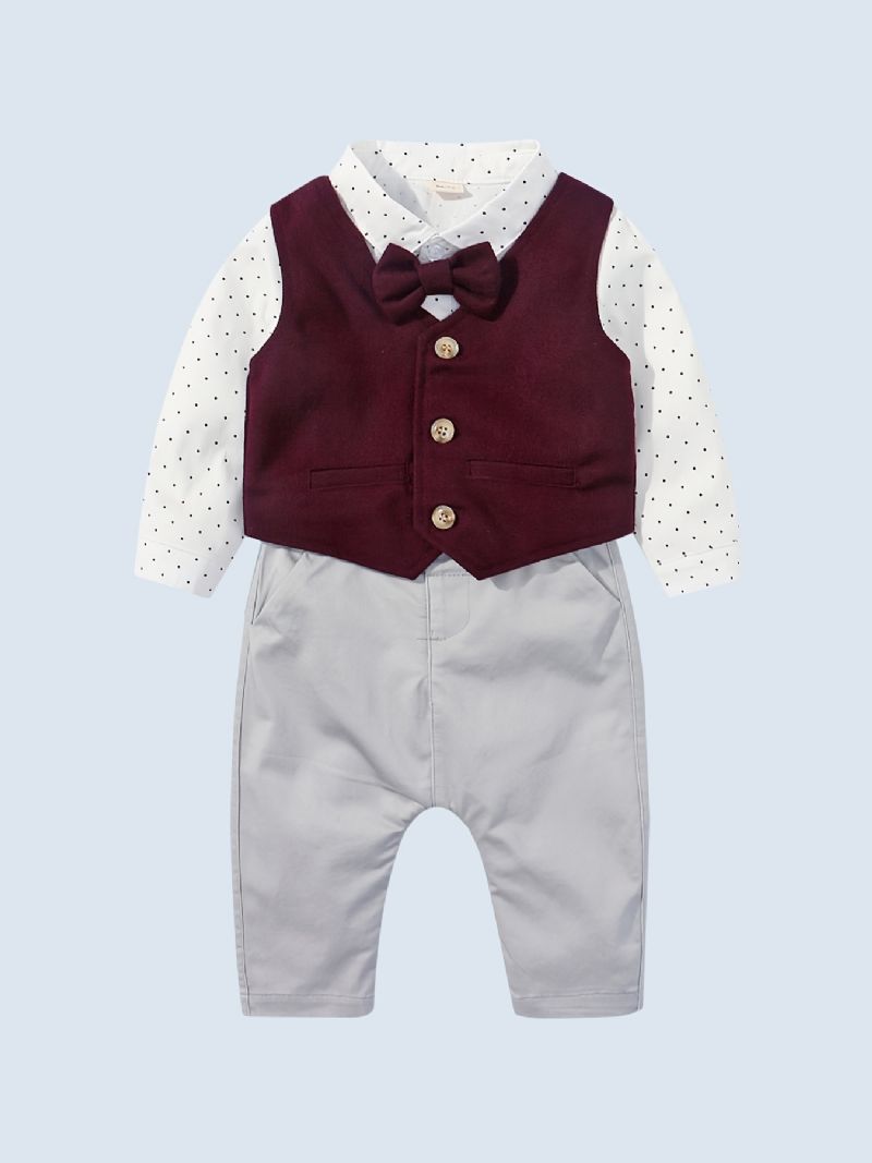 Bebis Pojkar Formella Gentleman Outfits Långärmad Polka Dot Romper + Rejäl Väst + Matchande Byxa Set Bebiskläder Till Jul