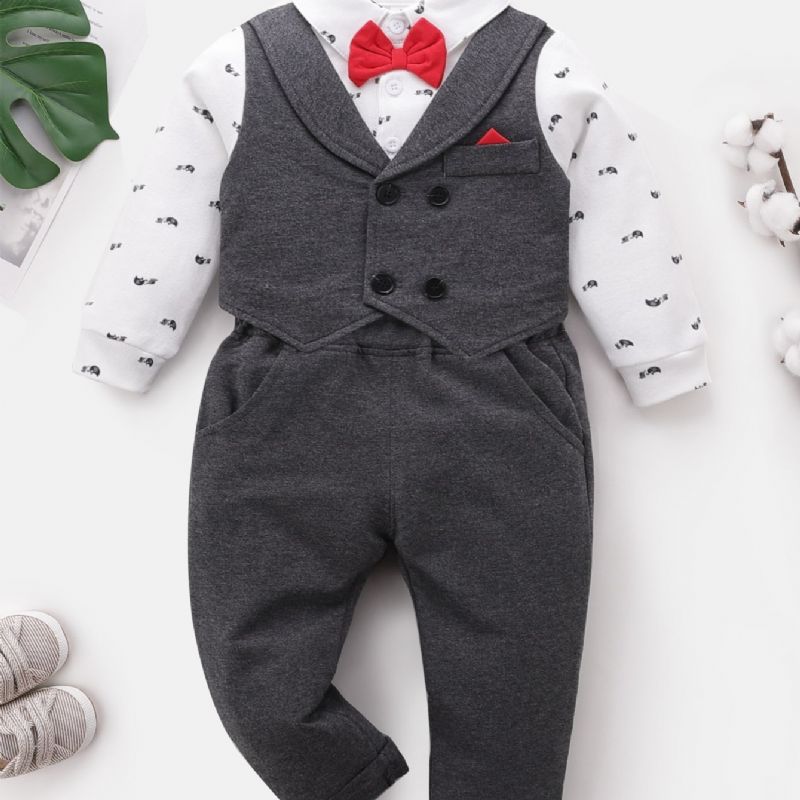 Bebis Pojkar Gentleman Outfit Långärmad Fluga Splicing Romper Bodysuit & Byxa Set Barnkläder