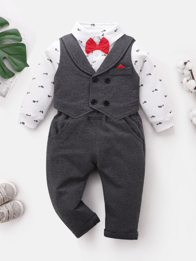 Bebis Pojkar Gentleman Outfit Långärmad Fluga Splicing Romper Bodysuit & Byxa Set Barnkläder