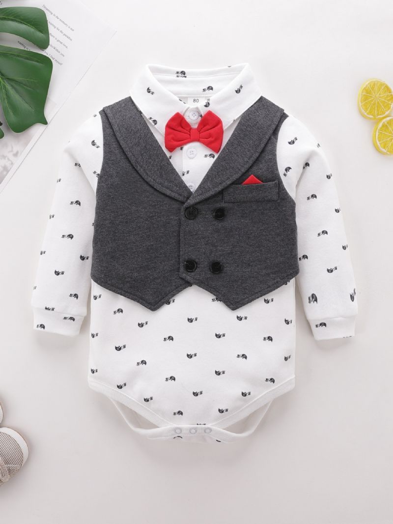 Bebis Pojkar Gentleman Outfit Långärmad Fluga Splicing Romper Bodysuit & Byxa Set Barnkläder