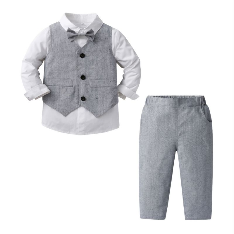 Bebis Pojkar Gentleman Outfit Långärmad Skjorta & Väst & Byxor Med Rosett