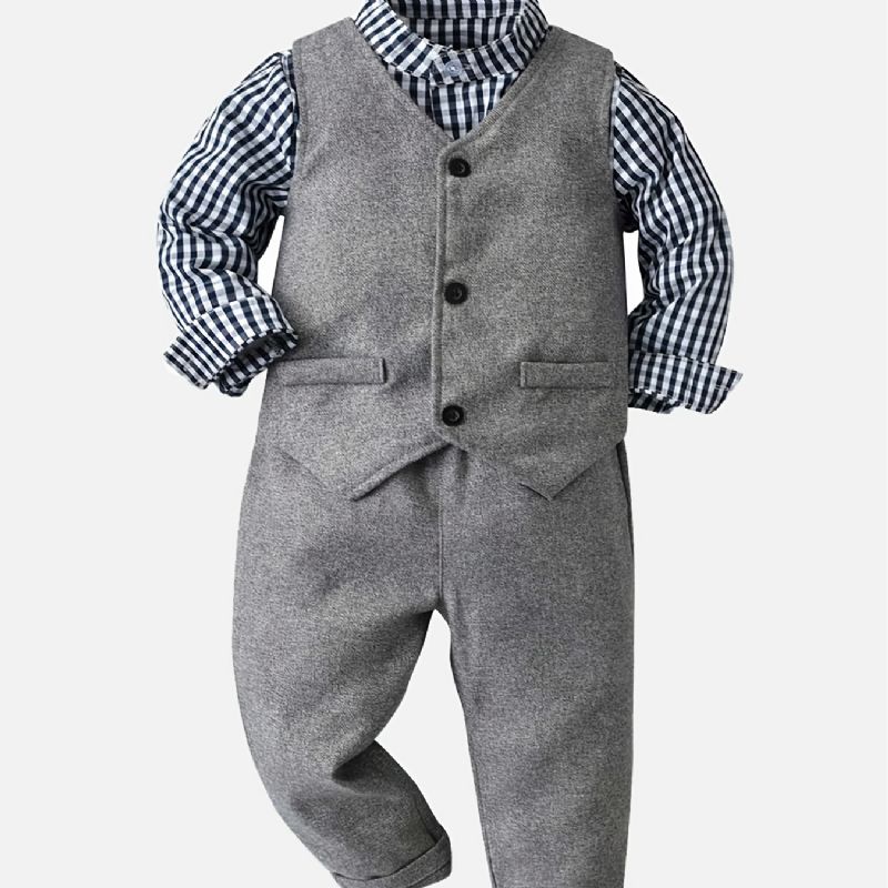 Bebis Pojkar Gentlemen Set Rutig Skjorta & Väst & Matchande Byxor Set Formell Outfit