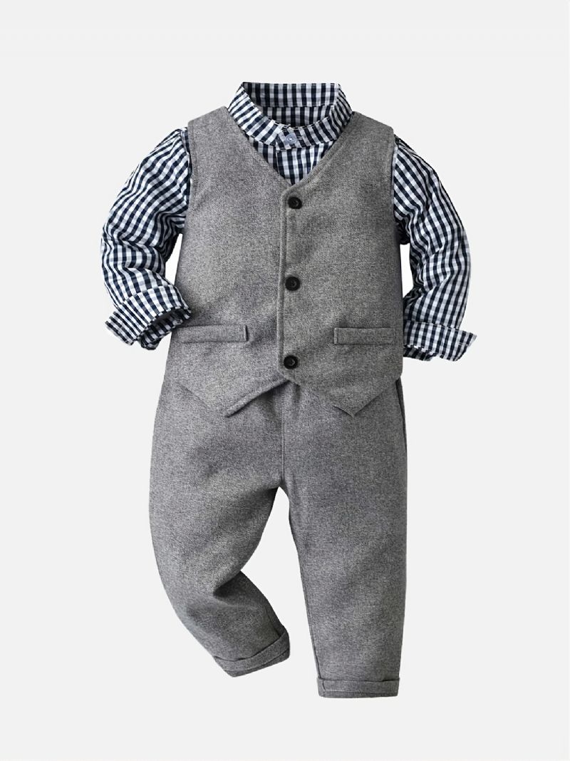 Bebis Pojkar Gentlemen Set Rutig Skjorta & Väst & Matchande Byxor Set Formell Outfit