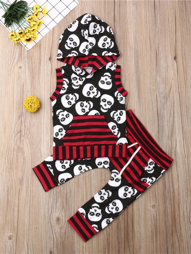 Bebis Pojkar Halloween Skull Tryckt Hooded Ärmlös Top & Printed Byx Set